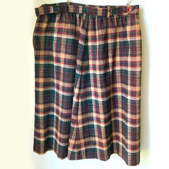 Hunter Vintage Wool Skirt 18 16 Cranberry Kilt A Line Plaid Elastic Fall Pleat - Picture 1 of 10